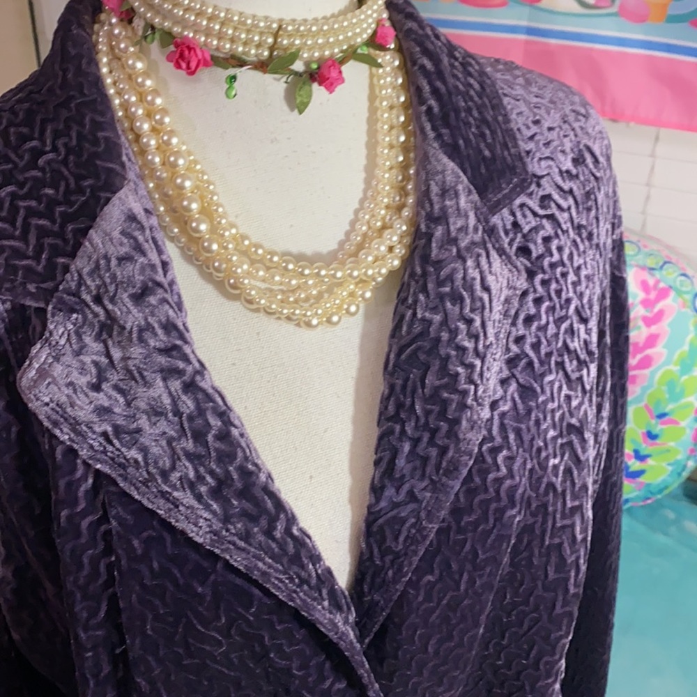 Beautiful Chico’s luxurious textured, lined, purple velvet jacket size 12